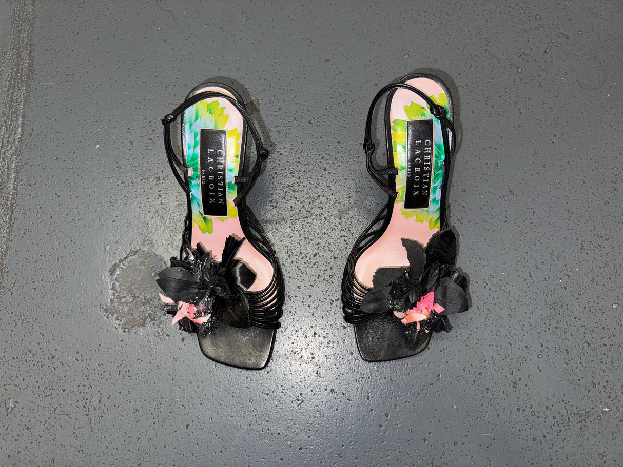 CHRISTIAN LACROIX Black Flower Strappy High Heels IT 36