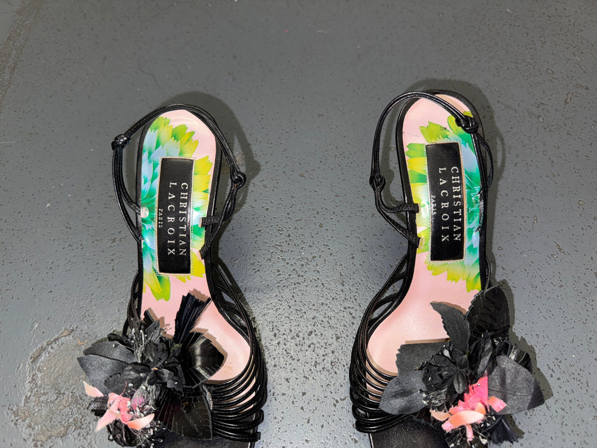 CHRISTIAN LACROIX Black Flower Strappy High Heels IT 36