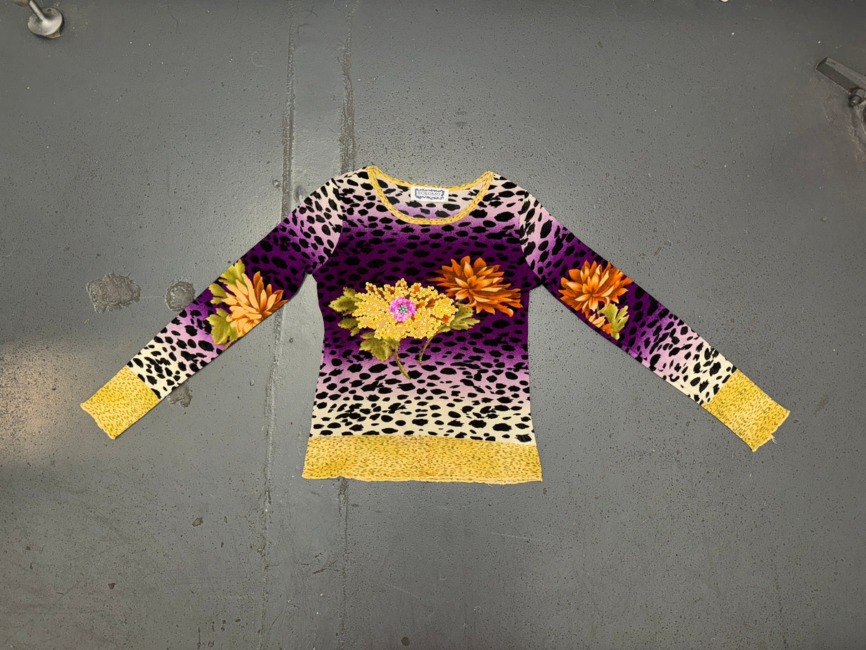 KOKOMO Mesh Leopard Print Beaded Long Sleeve Top