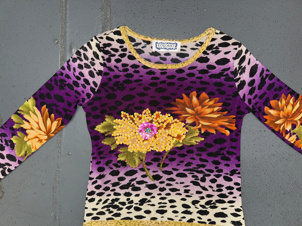 KOKOMO Mesh Leopard Print Beaded Long Sleeve Top