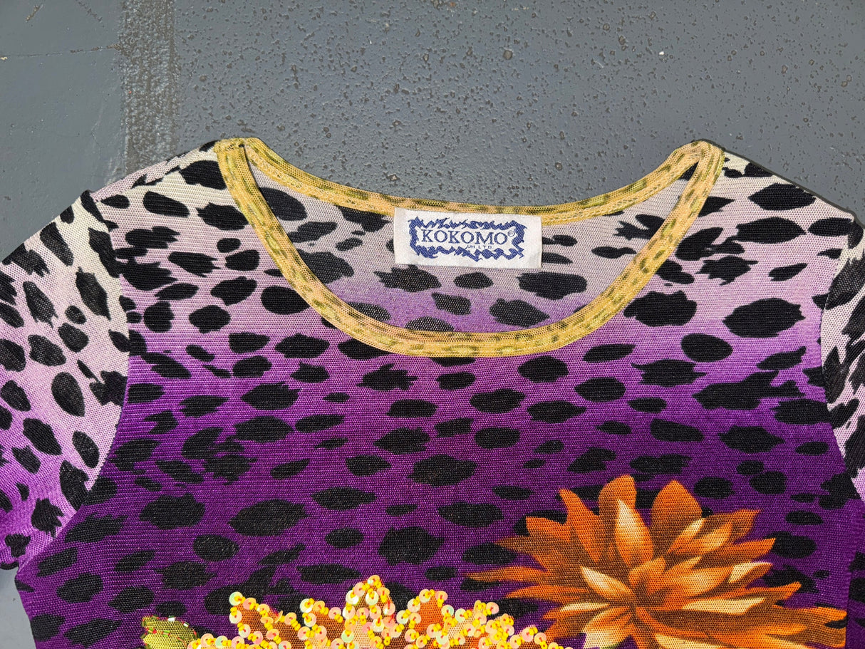 KOKOMO Mesh Leopard Print Beaded Long Sleeve Top