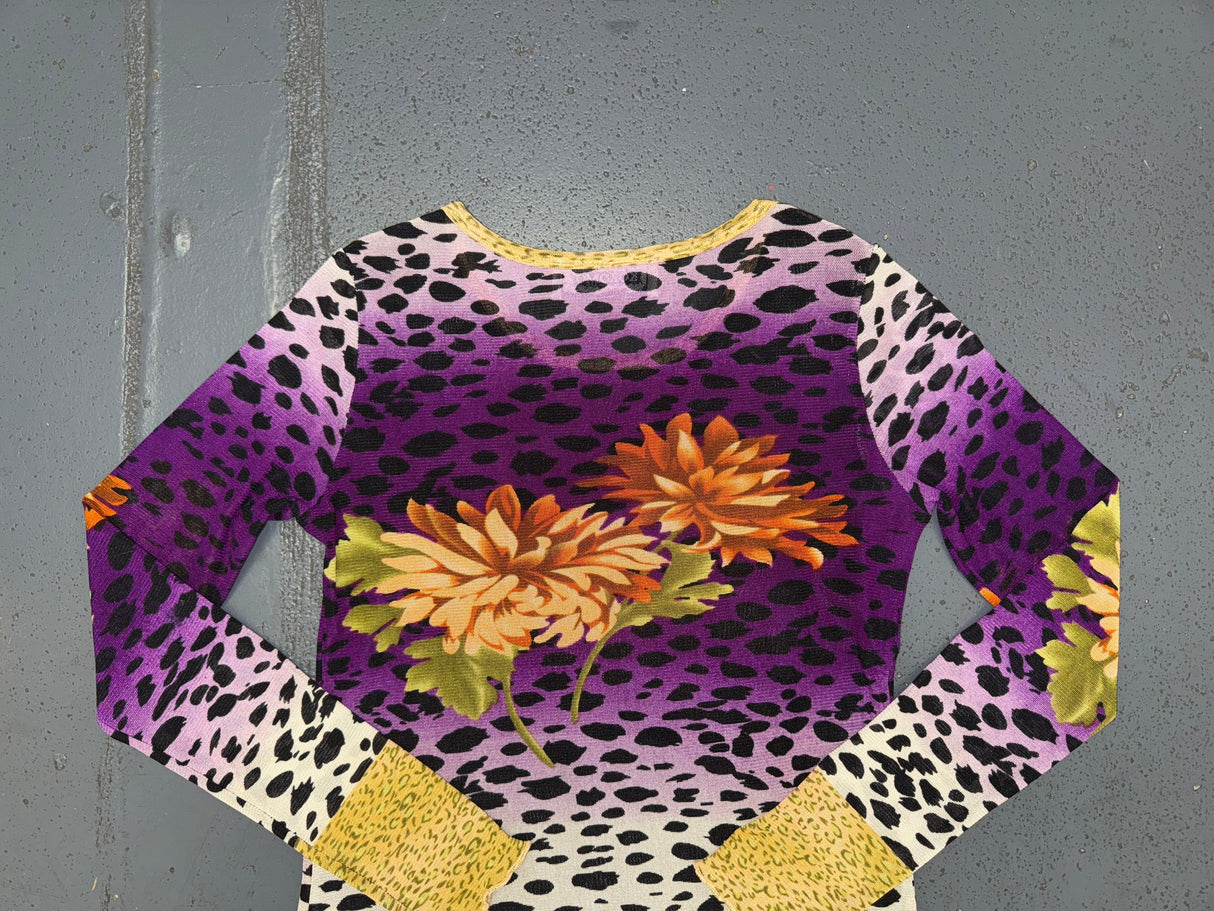 KOKOMO Mesh Leopard Print Beaded Long Sleeve Top