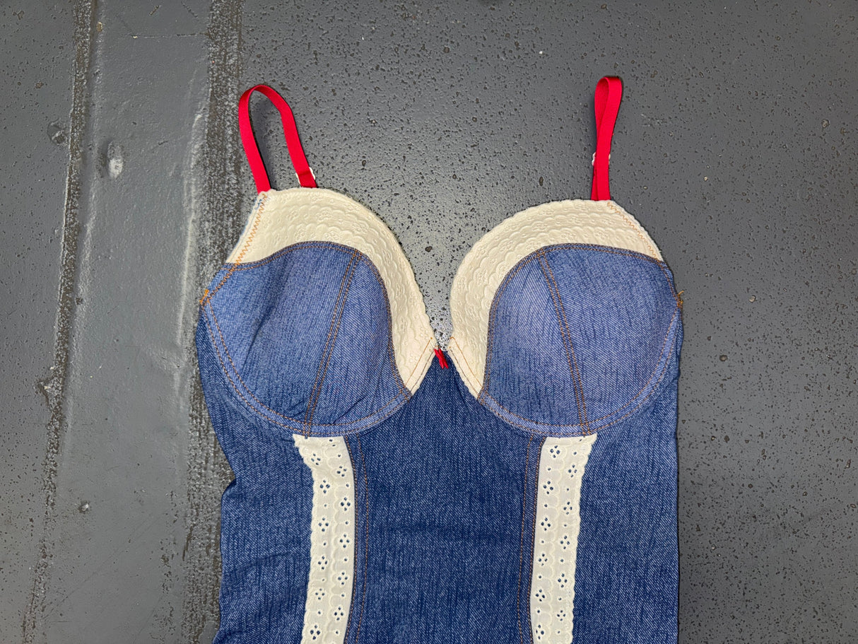 Denim Print and Lace Corset Top