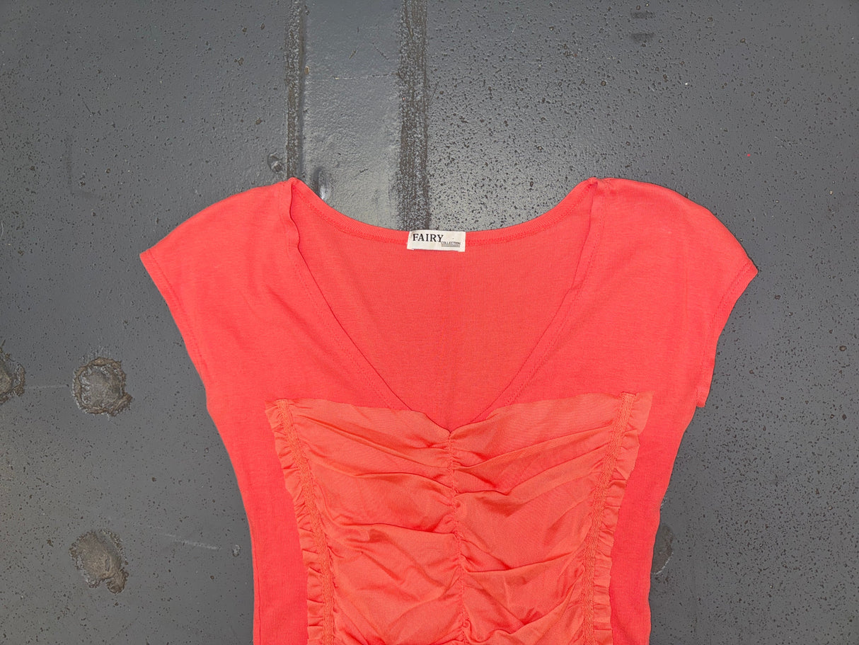 Coral Ruched Mesh T-Shirt