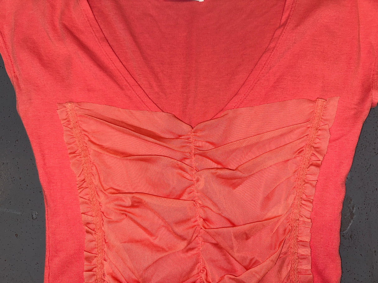 Coral Ruched Mesh T-Shirt