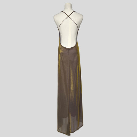 Iridescent golden draped backless gown
