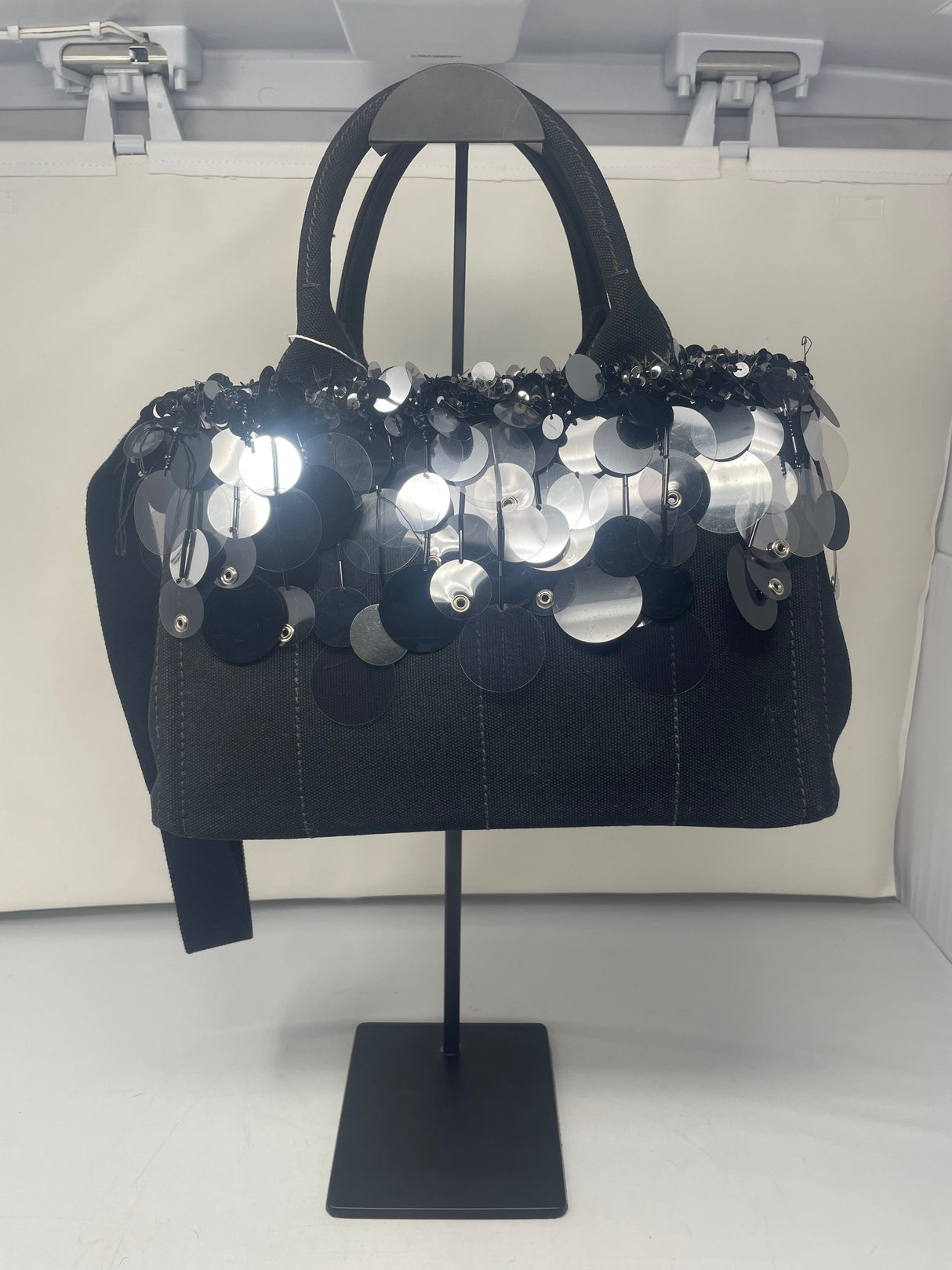 Prada Sequin Fringe Black Canvas Two Way Bag
