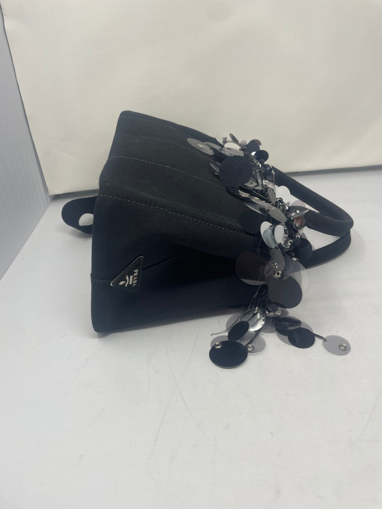 Prada Sequin Fringe Black Canvas Two Way Bag