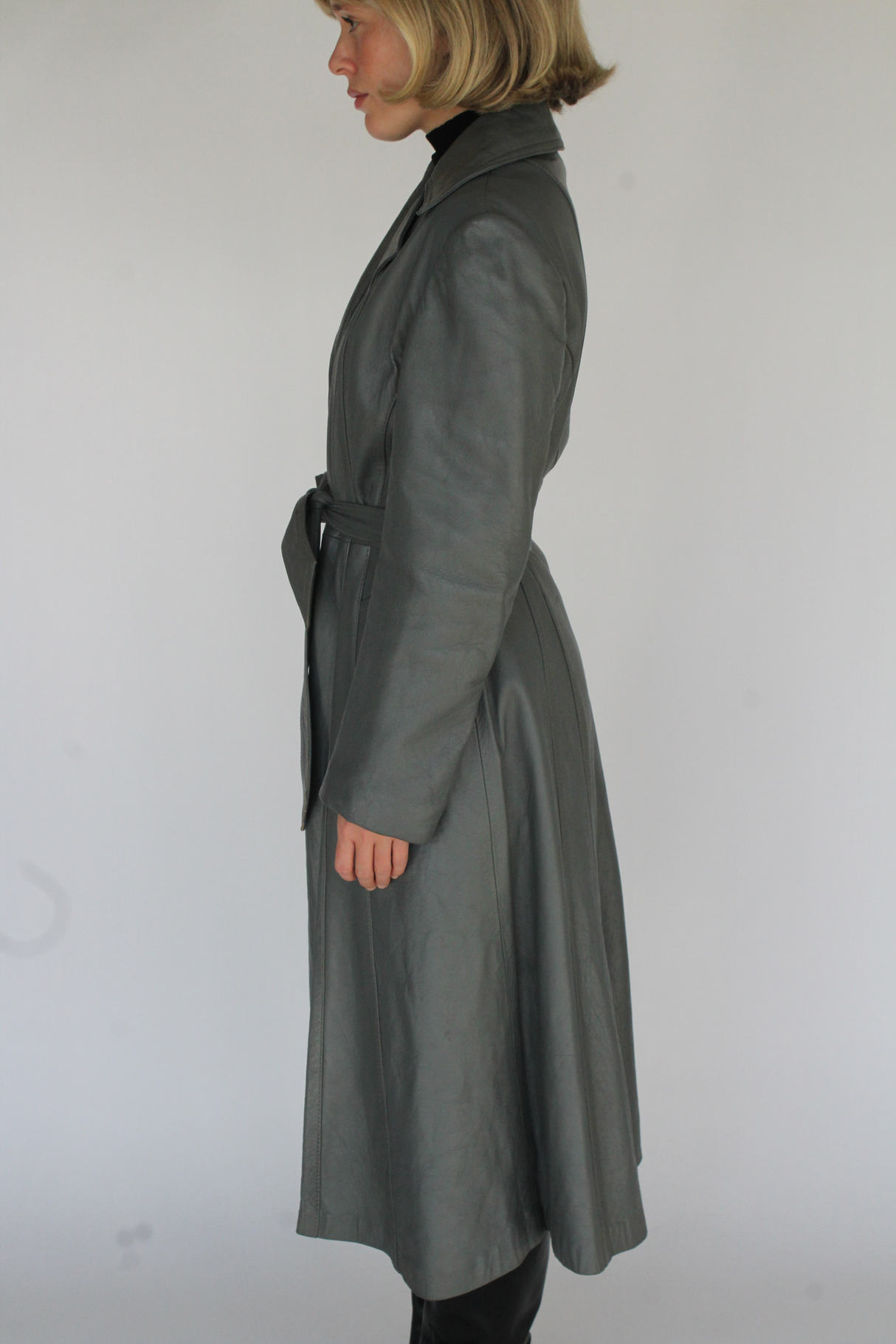 Ash grey belted leather trench coat