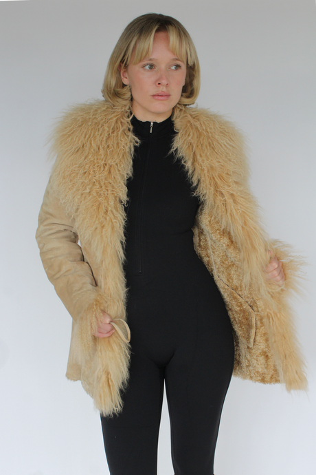Penny lane mongolian fur suede coat