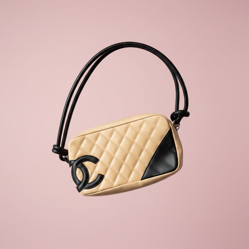 #55 Chanel Cambon Ligne Quilted Lambskin Camera Crossbody Bag Beige with Black Tonal CC Logo & Black Leather Strap