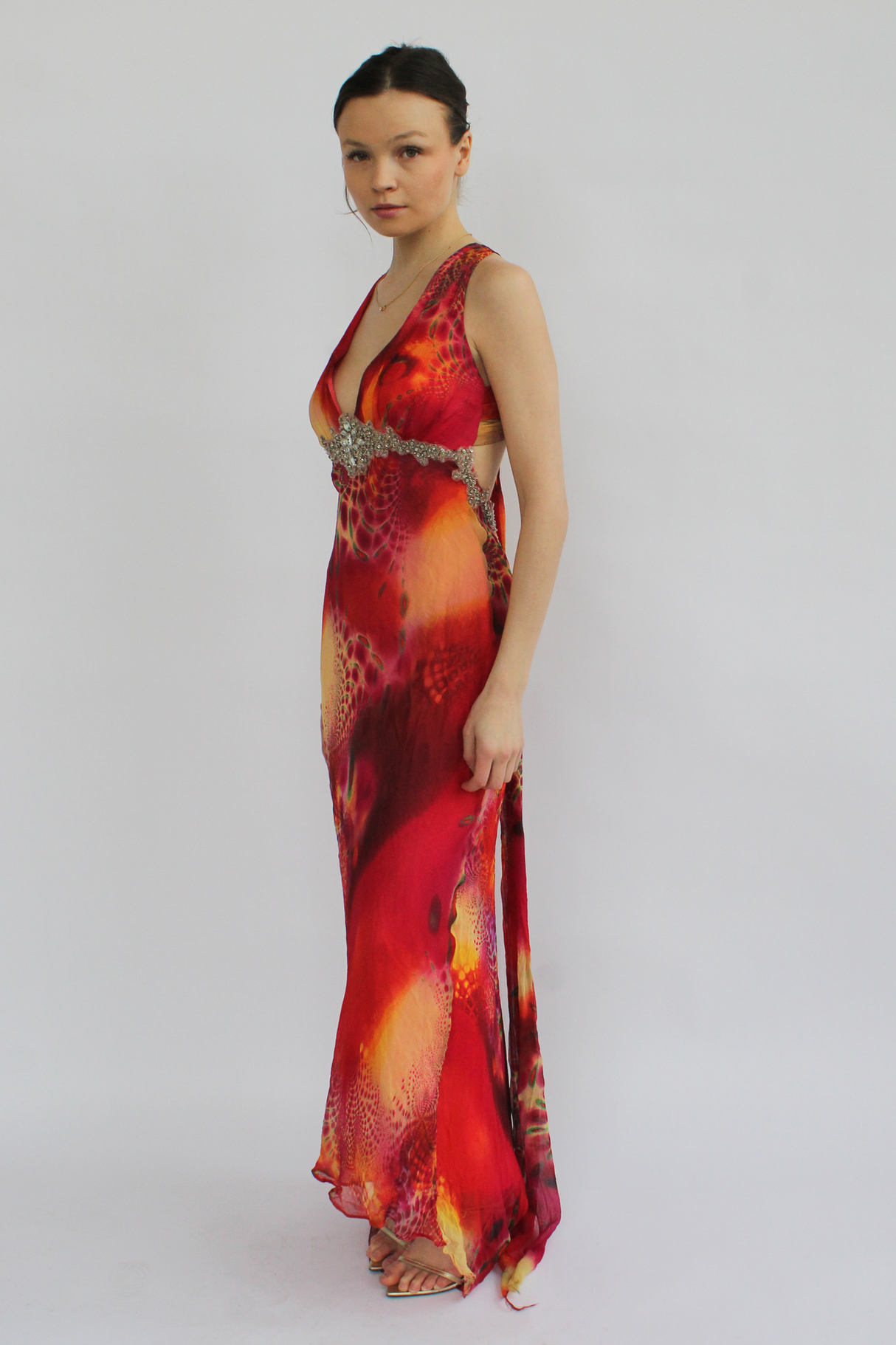 Multi-colored printed silk dress