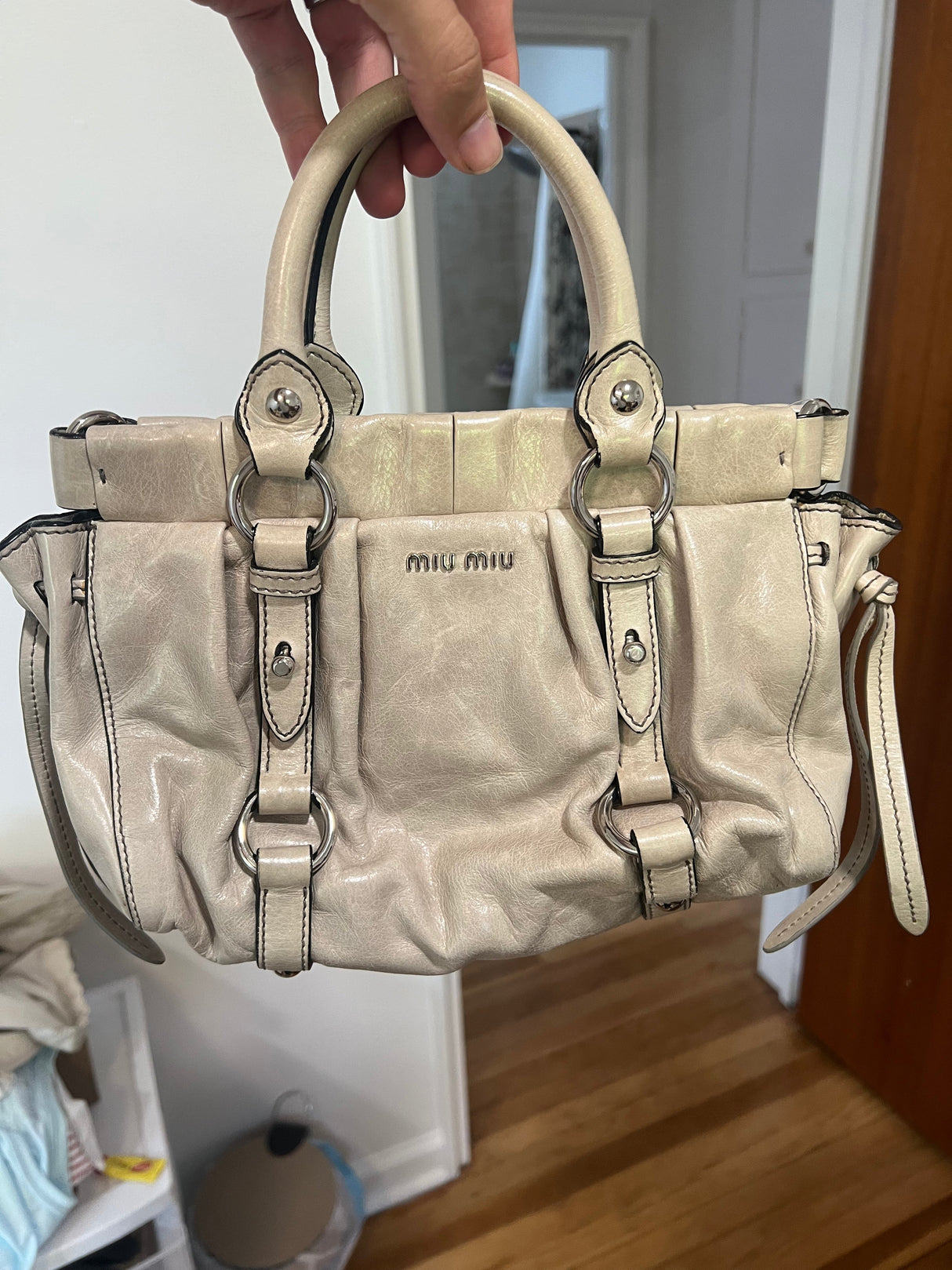 MIU MIU Logo Leather 2Way Bag Hand Bag Shoulder Bag light grey