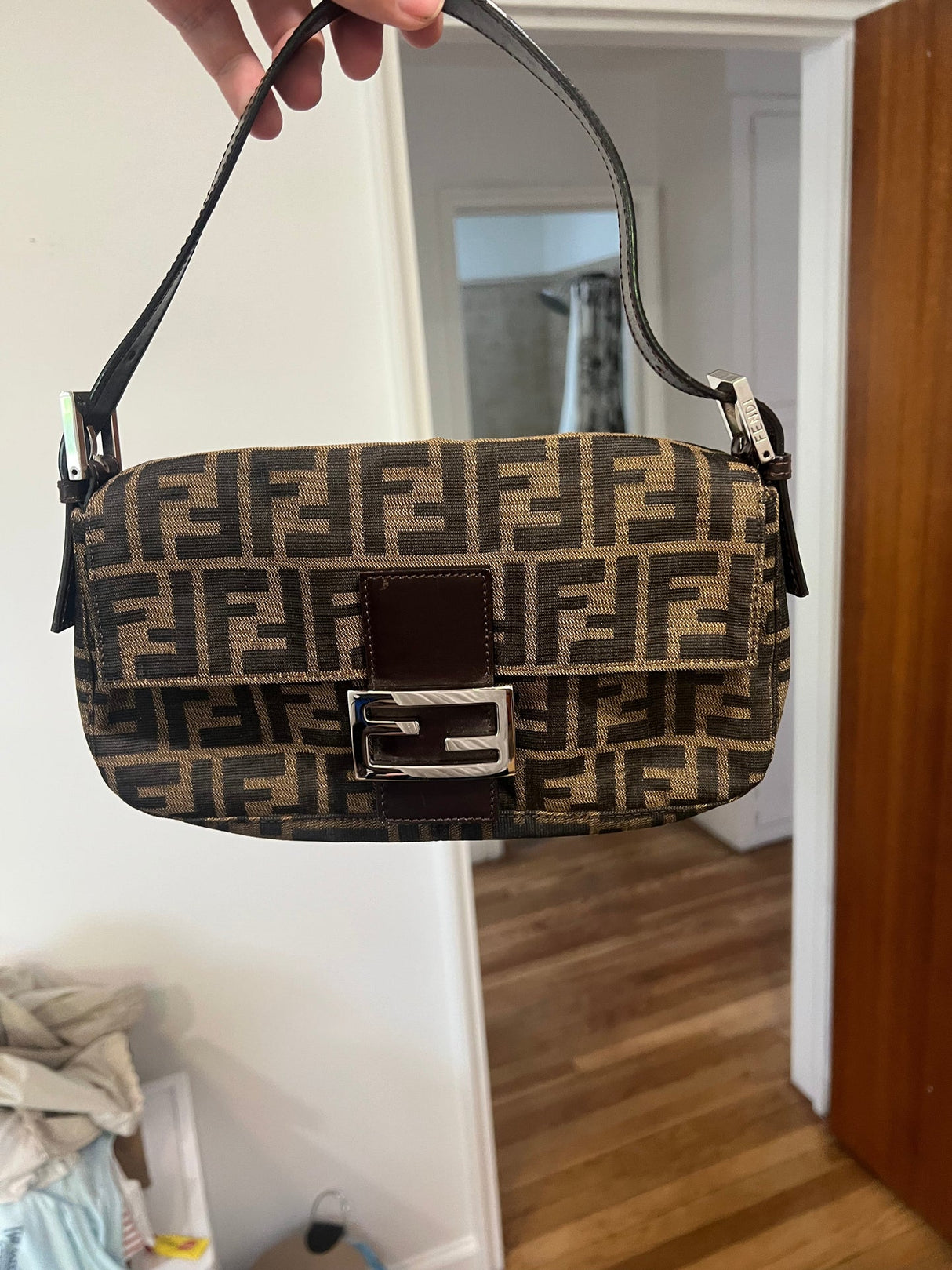 FENDI Baguette Zucca Canvas Leather Shoulder Bag Brown