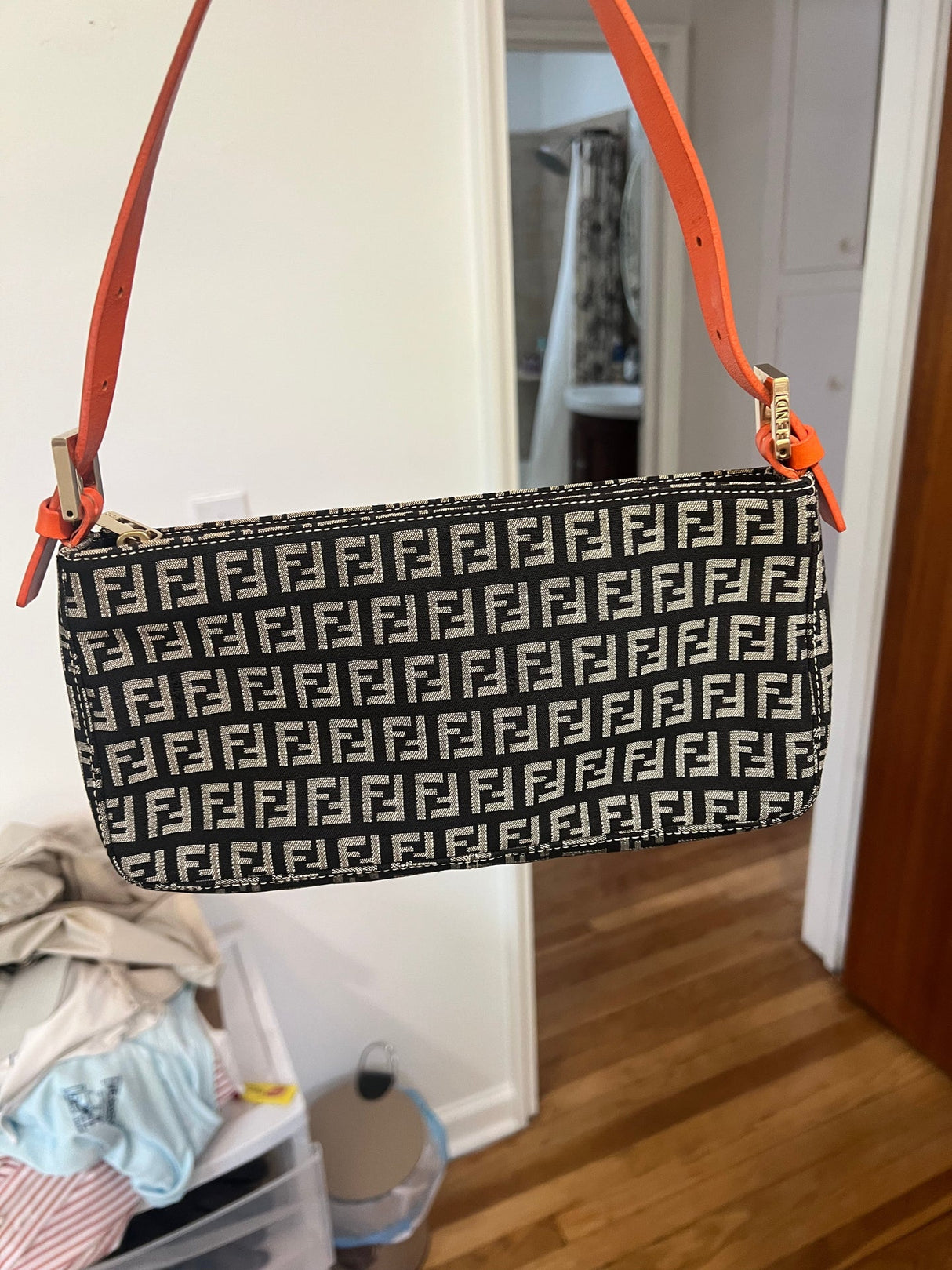 FENDI Zucchino Canvas Leather Shoulder Bag Black Orange 8BR042
