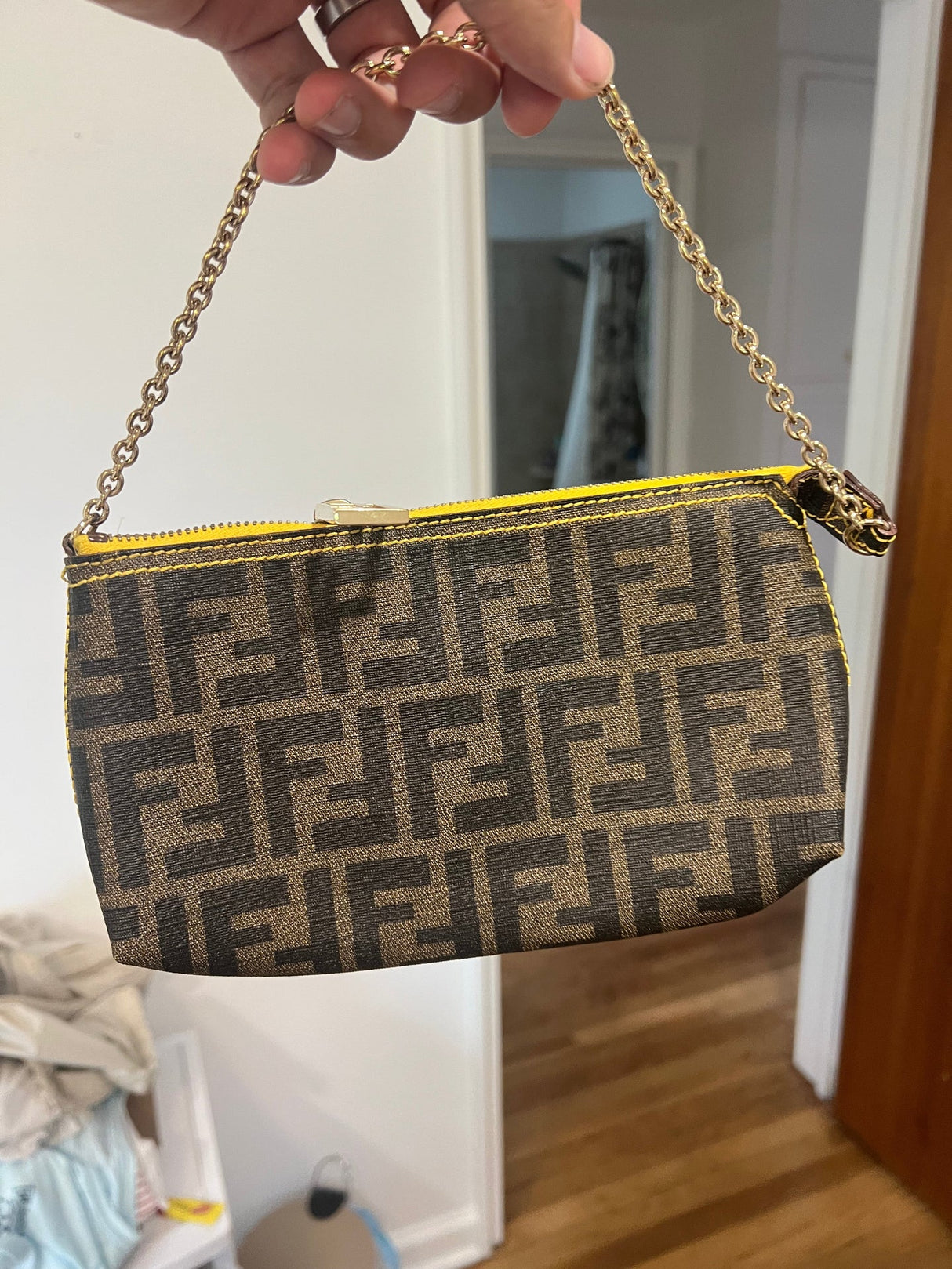 FENDI Zucca Print PVC Chain Accessory Pouch Brown Yellow 8BR592