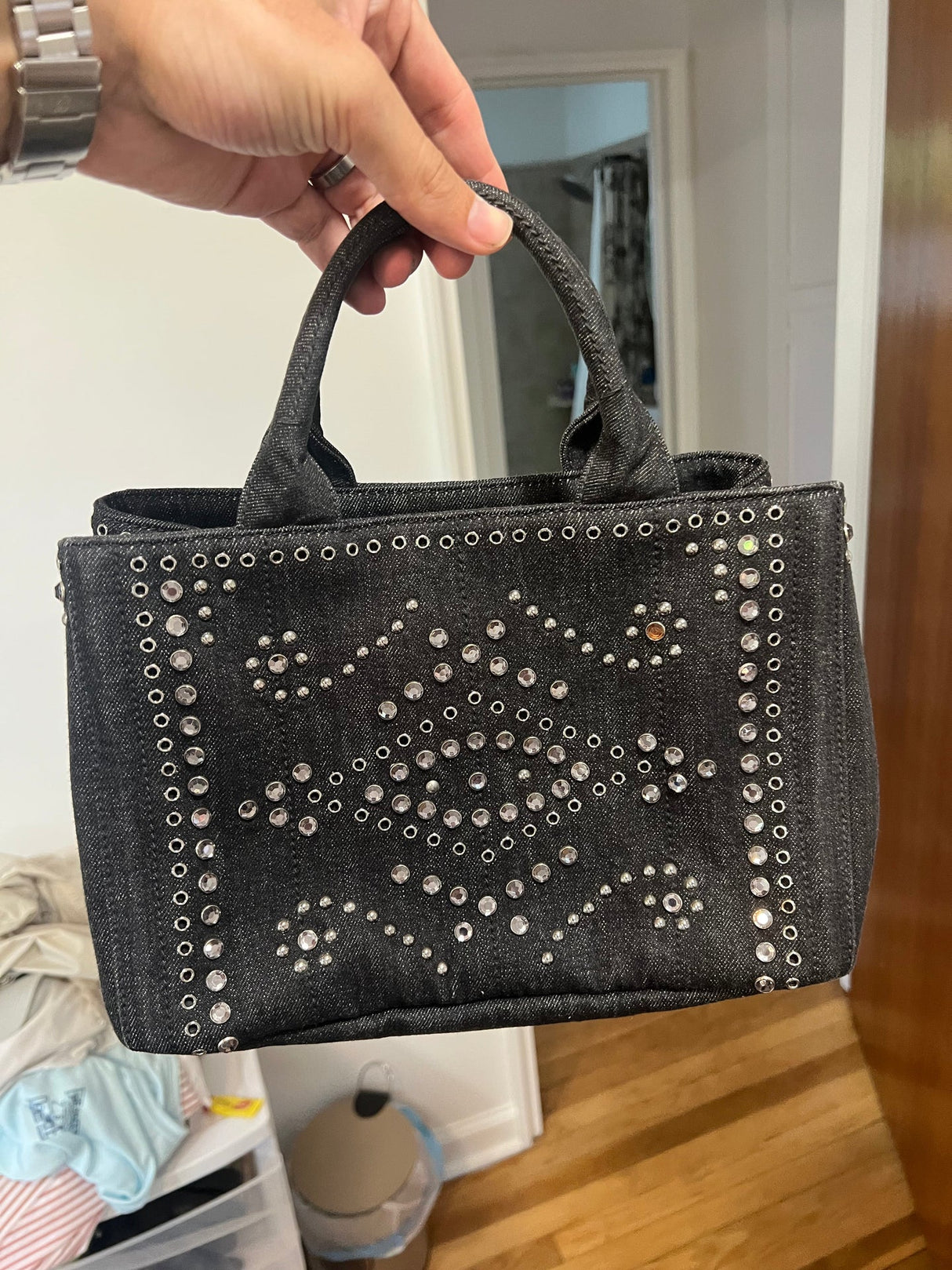 PRADA Triangle Logo Canapa Mini Bijou Denim Canvas 2Way Bag BA1244