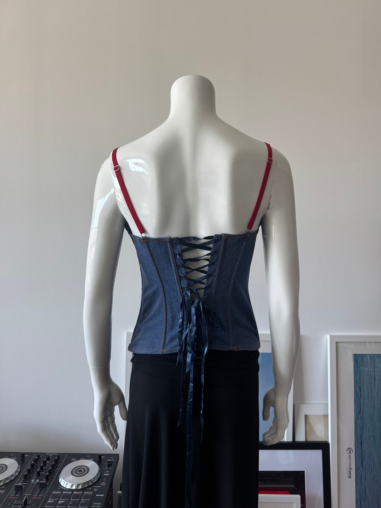 Denim Print and Lace Corset Top