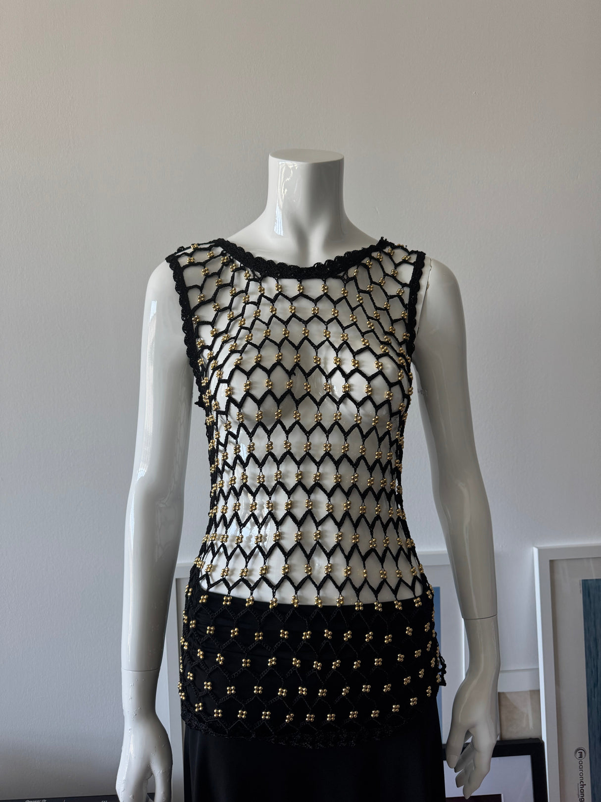 Black Crochet Knit Sleeveless Top with Gold Beads