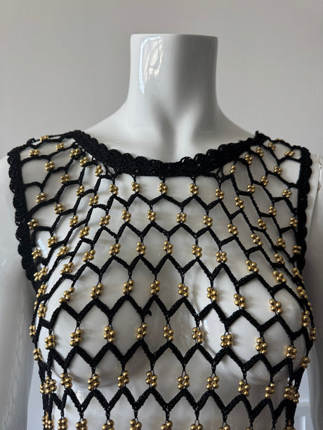 Black Crochet Knit Sleeveless Top with Gold Beads