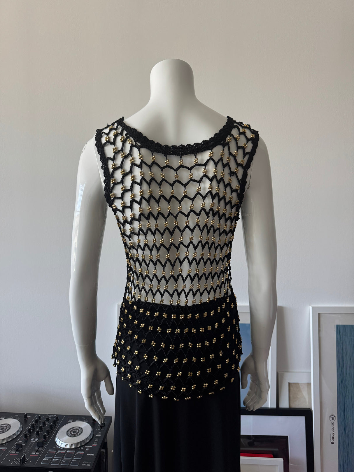 Black Crochet Knit Sleeveless Top with Gold Beads