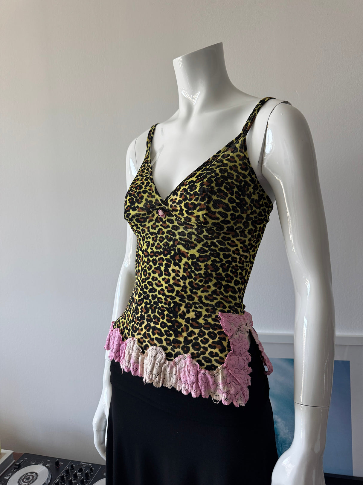 Yellow/Black Mesh Leopard Print and Pink Lace Cami
