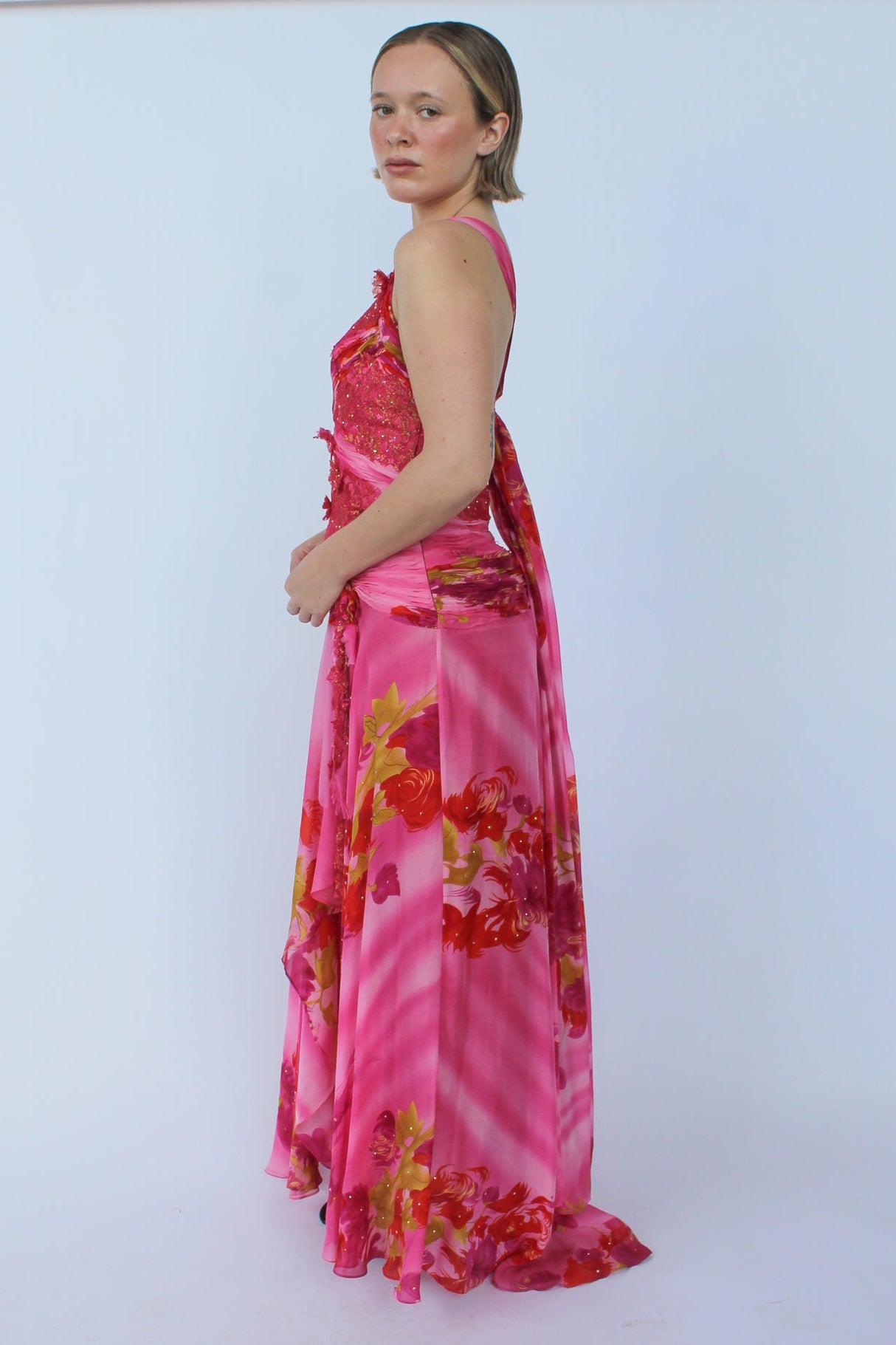 Pink floral silk gown