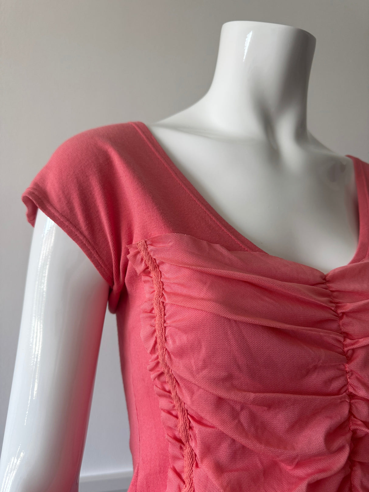 Coral Ruched Mesh T-Shirt