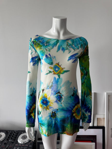 BLUMARINE Silk Blue/Green Floral Print Mini Dress