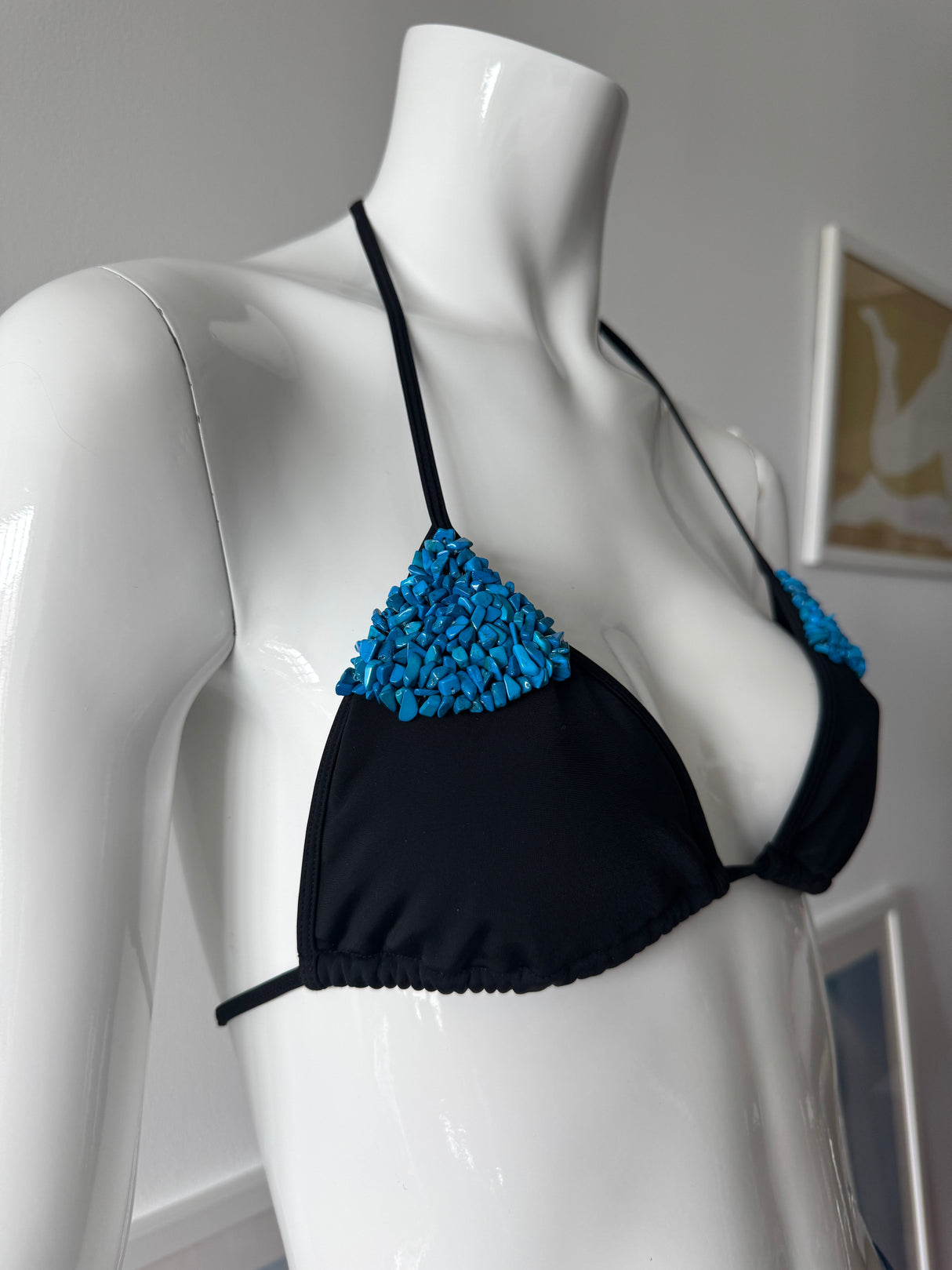 Black Triangle Bikini Top with Turquoise Stones