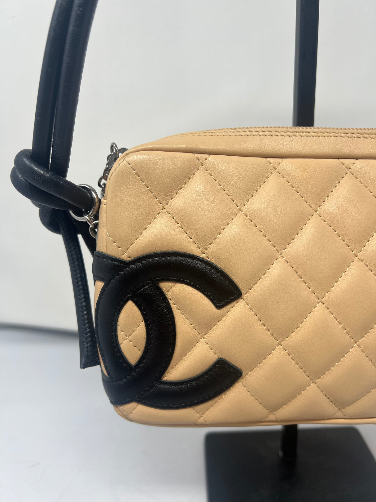 #55 Chanel Cambon Ligne Quilted Lambskin Camera Crossbody Bag Beige with Black Tonal CC Logo & Black Leather Strap