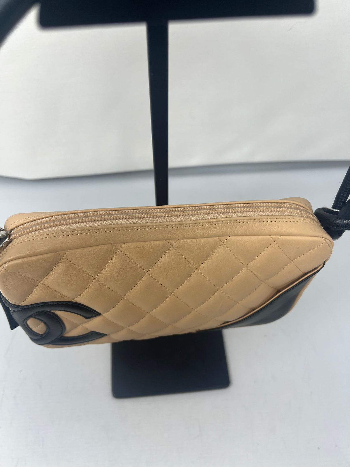 #55 Chanel Cambon Ligne Quilted Lambskin Camera Crossbody Bag Beige with Black Tonal CC Logo & Black Leather Strap