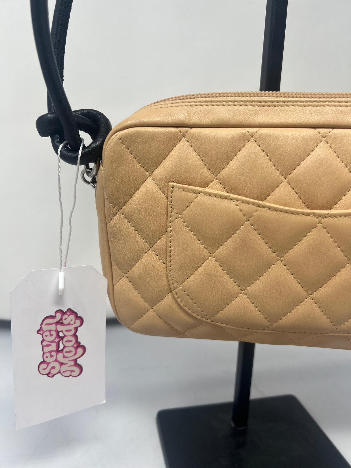 #55 Chanel Cambon Ligne Quilted Lambskin Camera Crossbody Bag Beige with Black Tonal CC Logo & Black Leather Strap