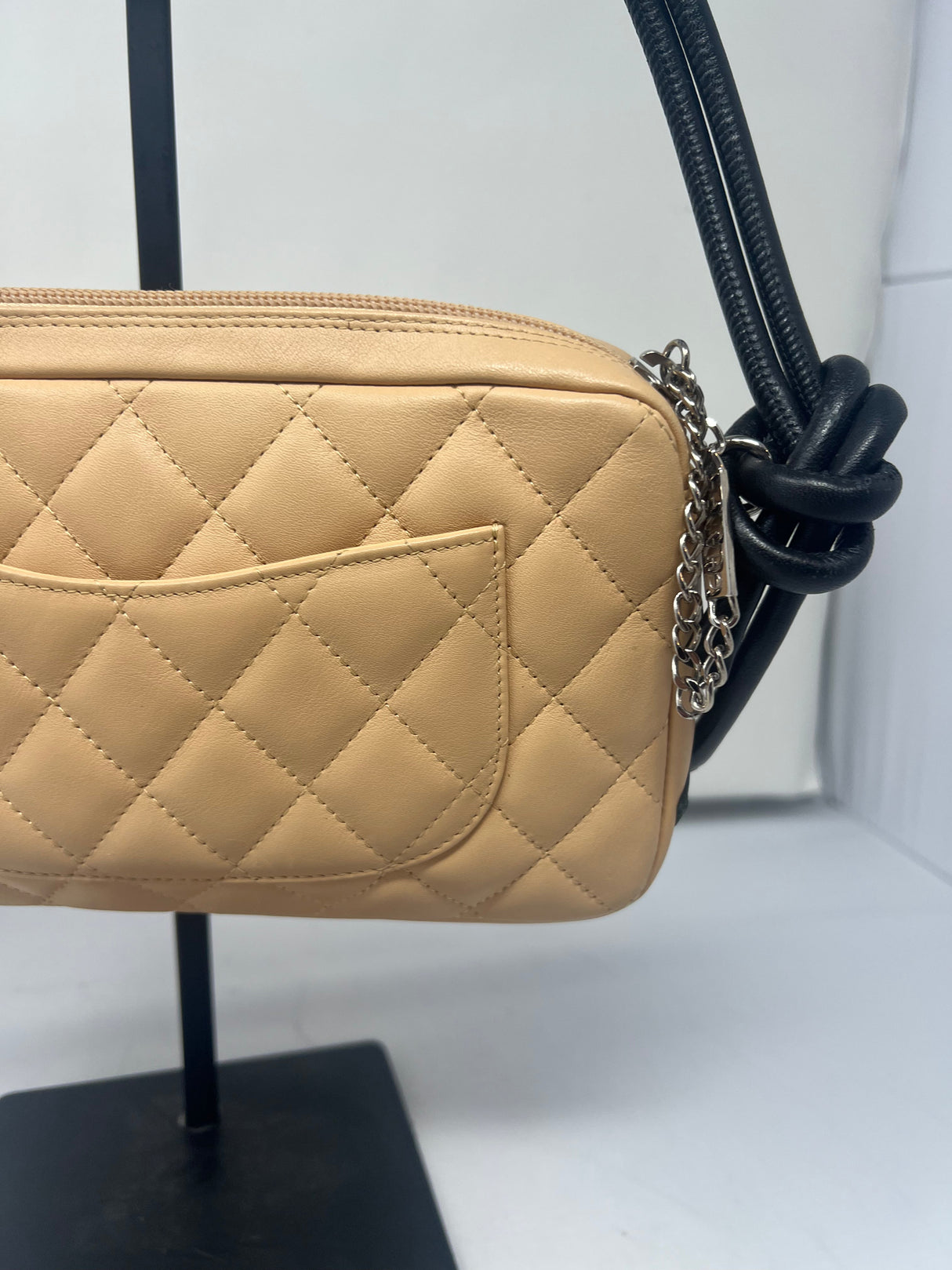 #55 Chanel Cambon Ligne Quilted Lambskin Camera Crossbody Bag Beige with Black Tonal CC Logo & Black Leather Strap