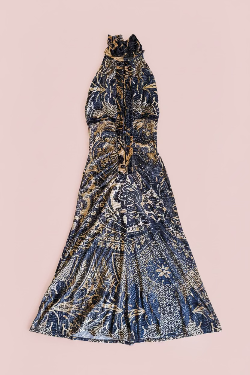 Roberto Cavalli Fall/Winter 2006 Indigo & Gold Python Print Silk Jersey Halter Gown