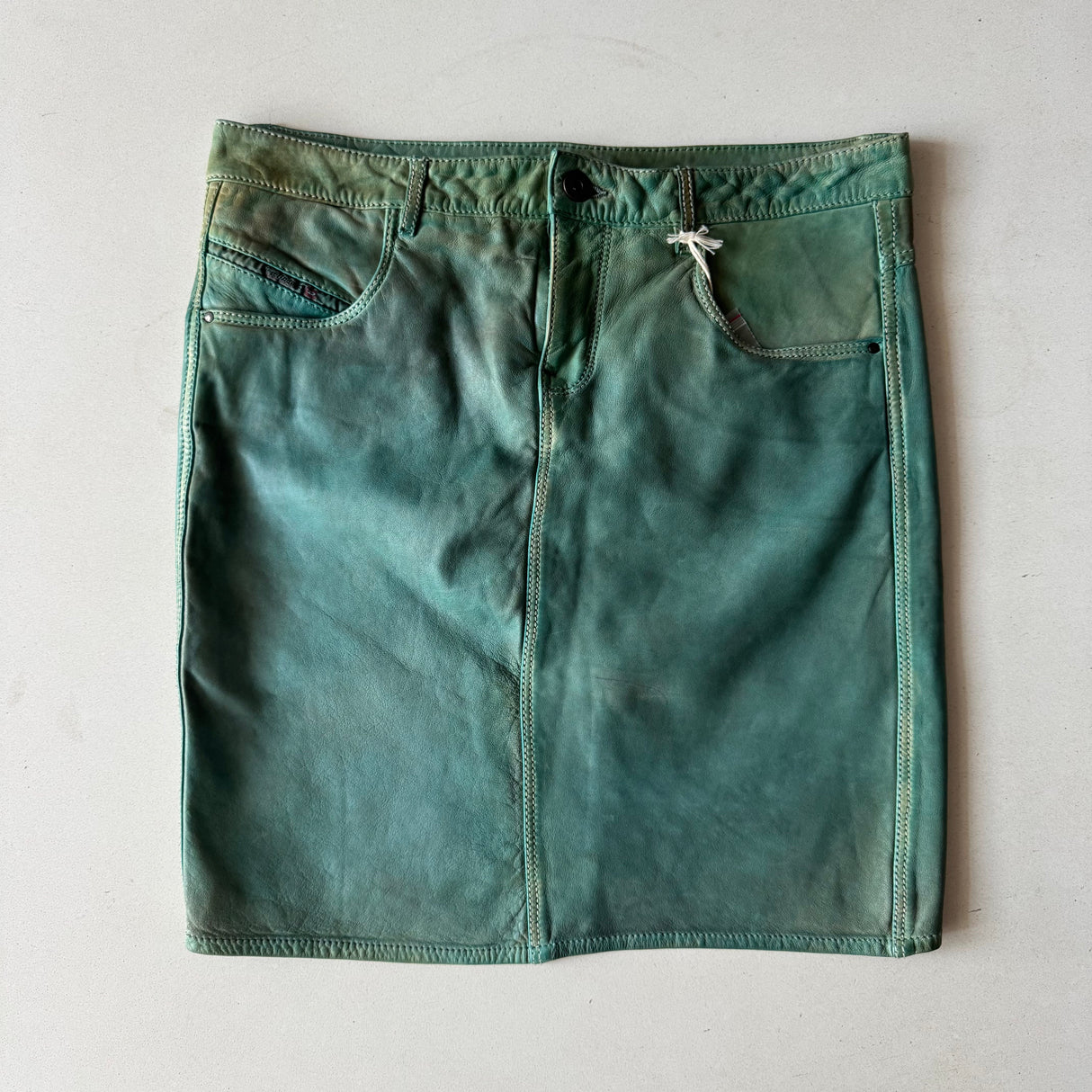 Diesel Deadstock Teal Patinaed Leather Midi Skirt