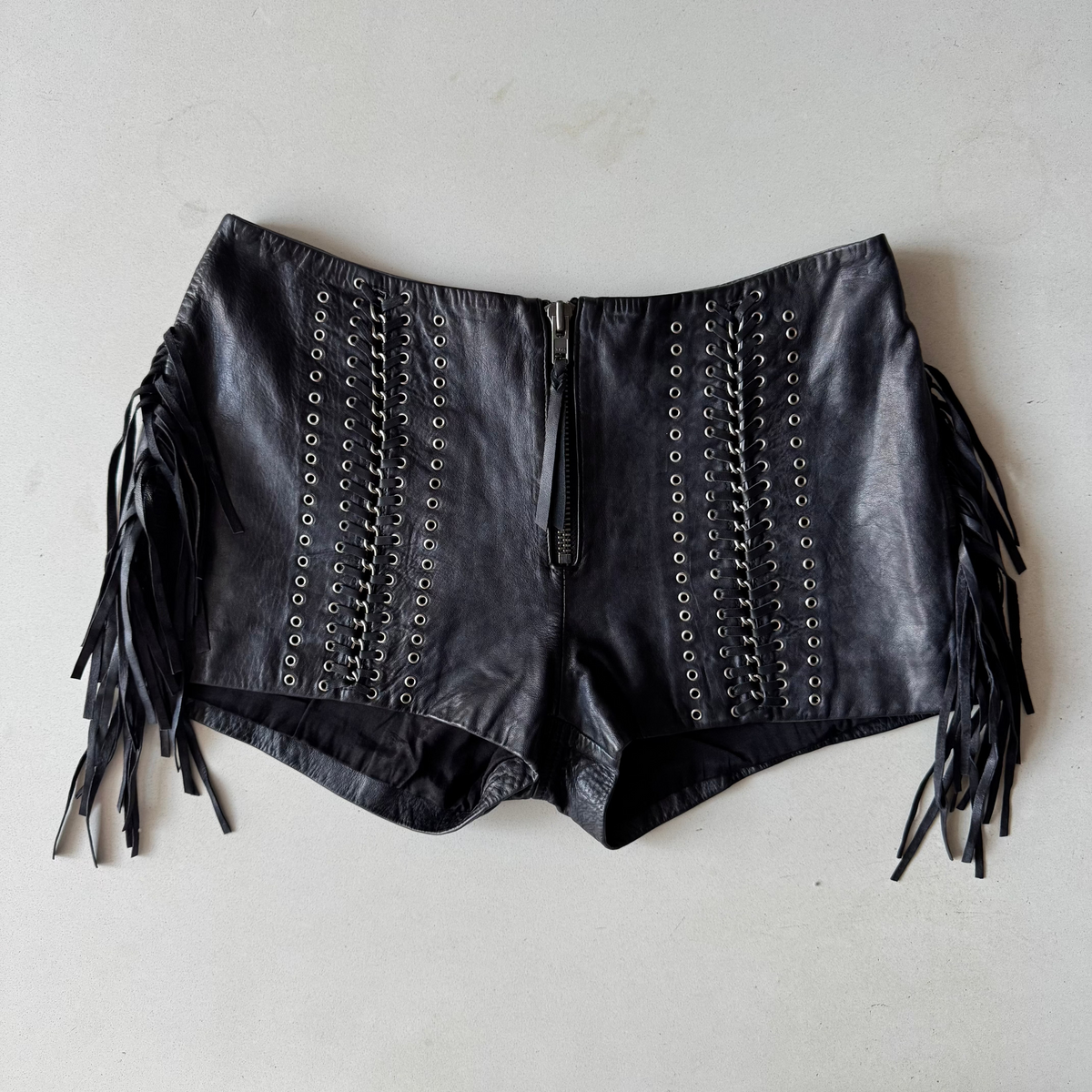 Italian Leather Fringe Grommet Micro Mini Shorts