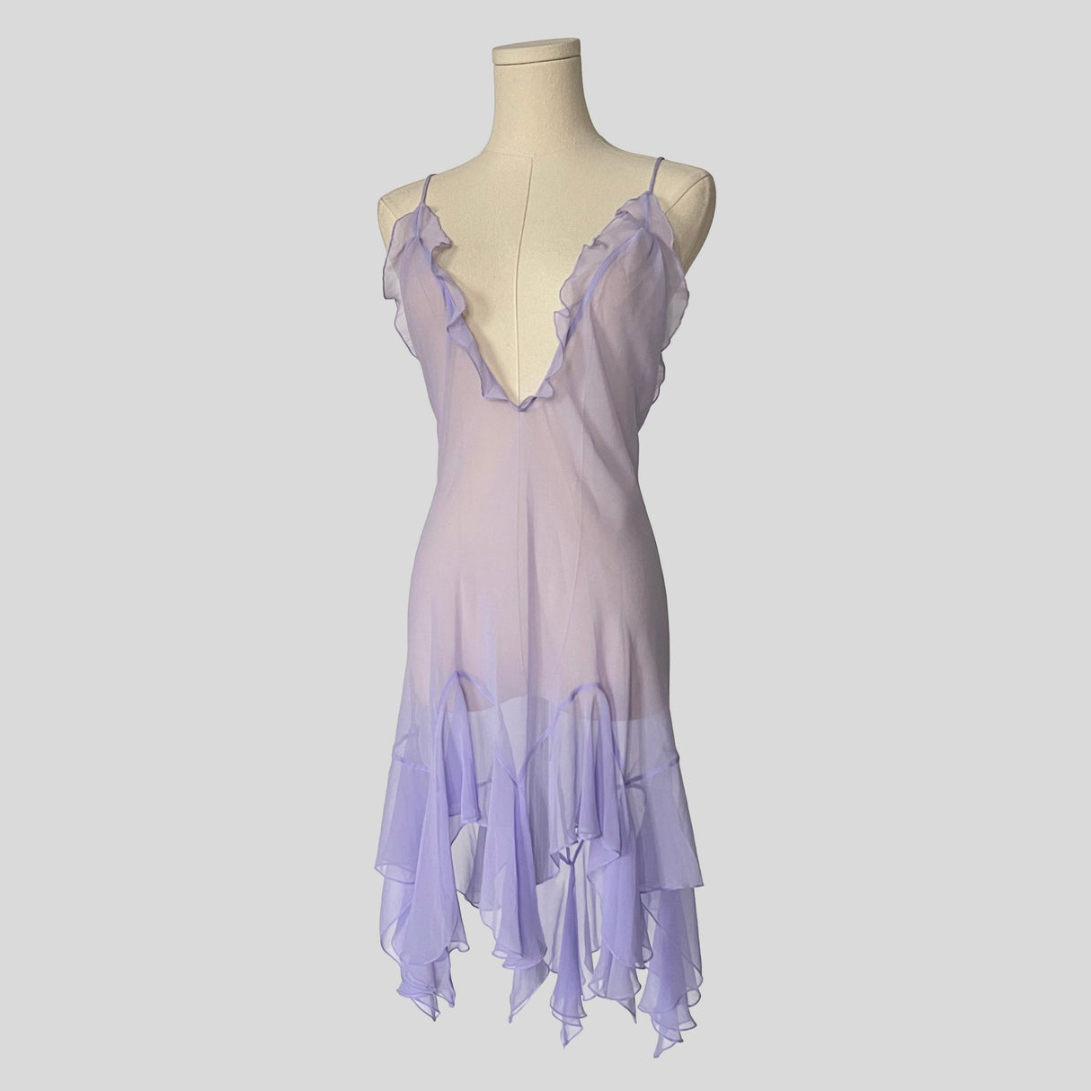 Asymmetrical ruffled sheer dress in lilac