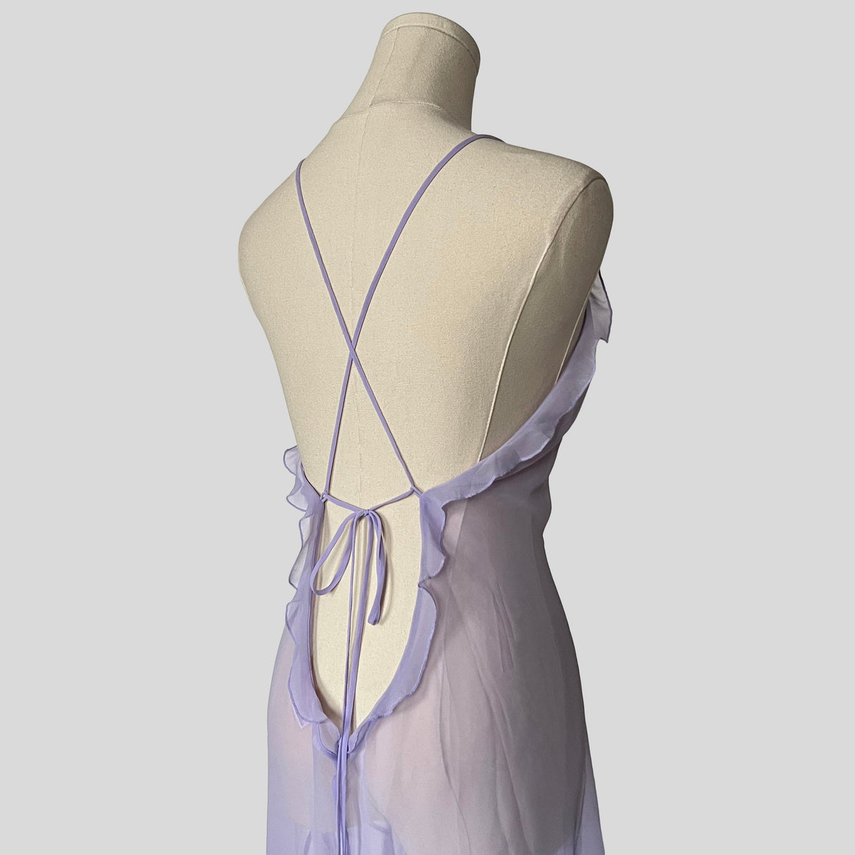 Asymmetrical ruffled sheer dress in lilac