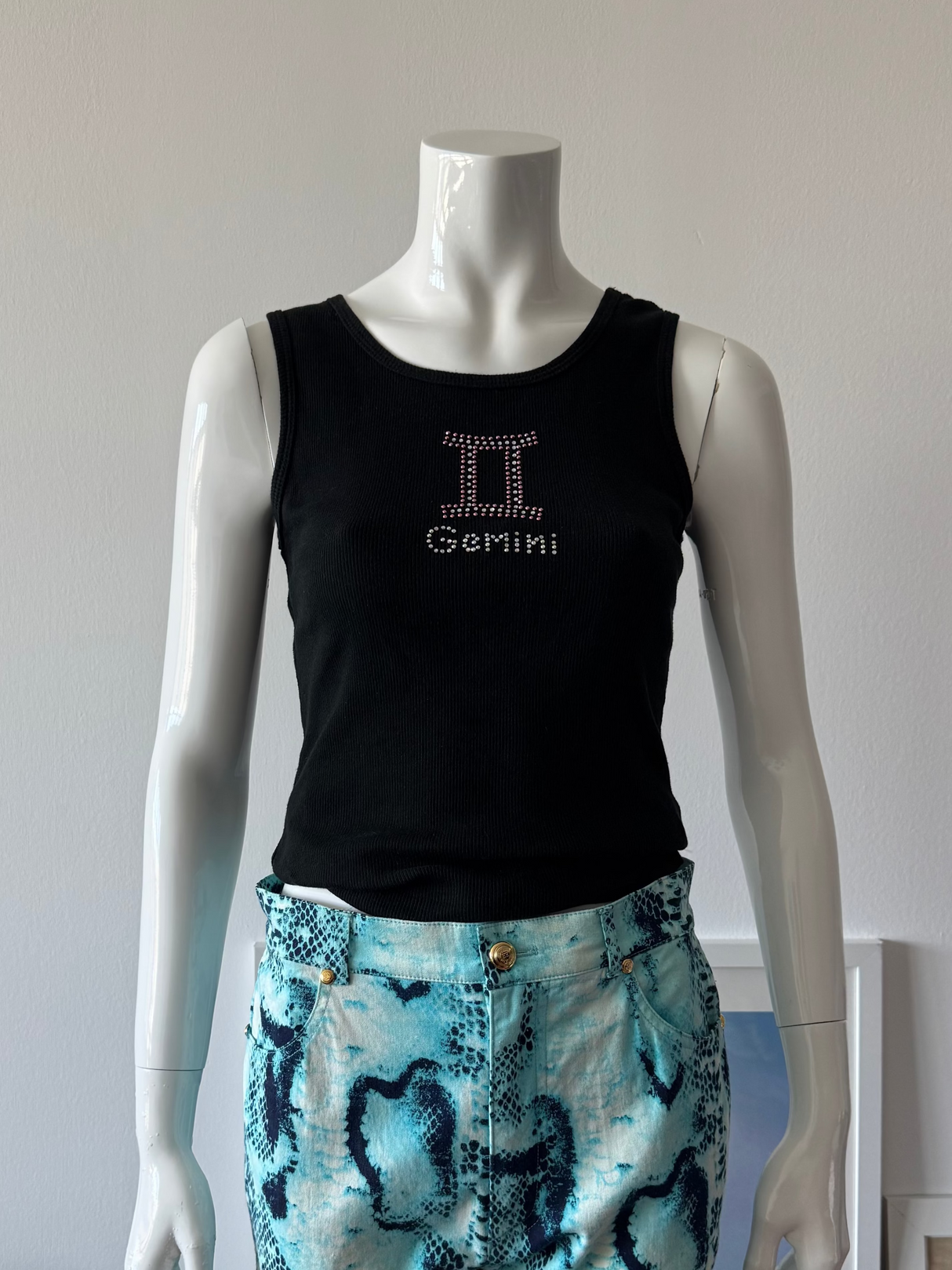 Black Ribbed Tank Top with Gemini Rhinestone Logo