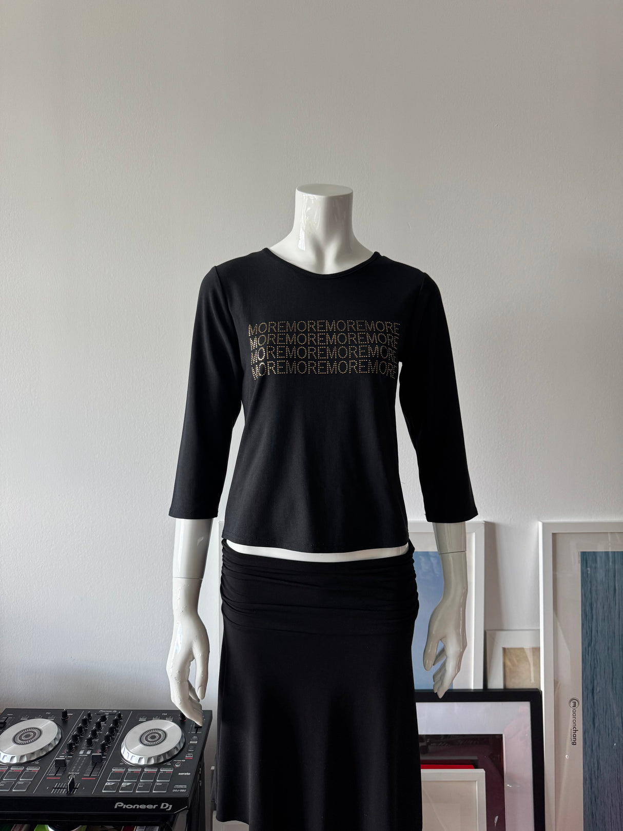 Black Long Sleeve Top with MORE MORE Gold Graphic
