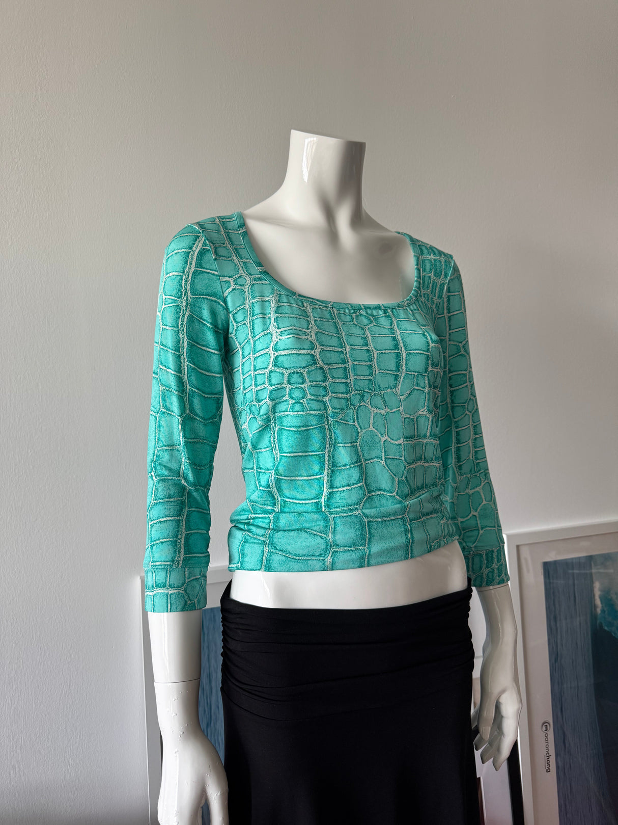 JUST CAVALLI Blue Snakeskin Print 3/4 Sleeve Top