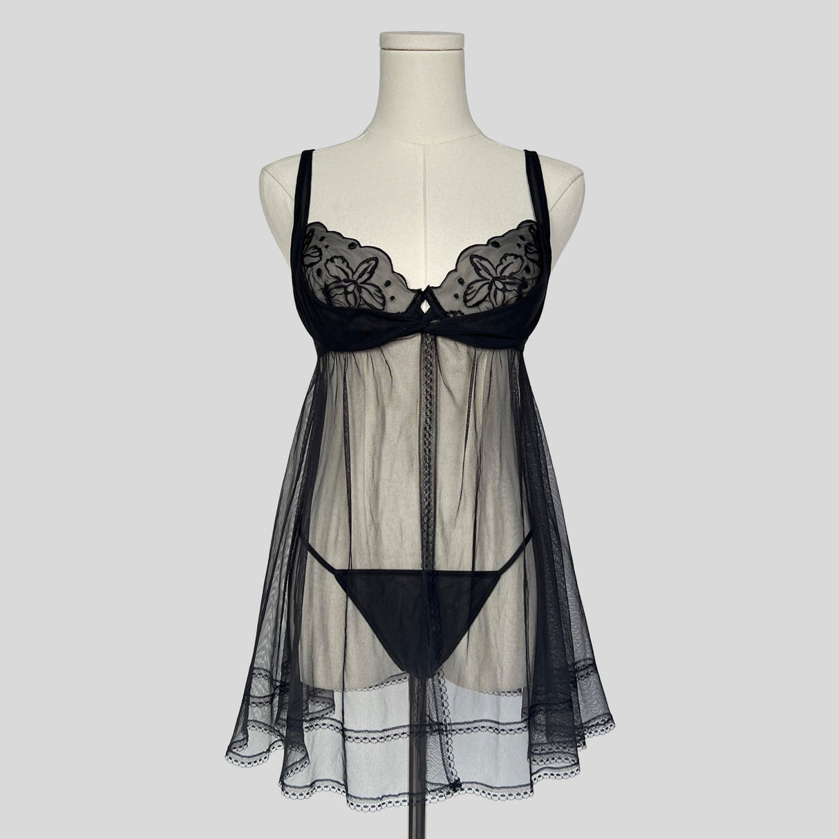 Sheer embroidered babydoll with matching panties