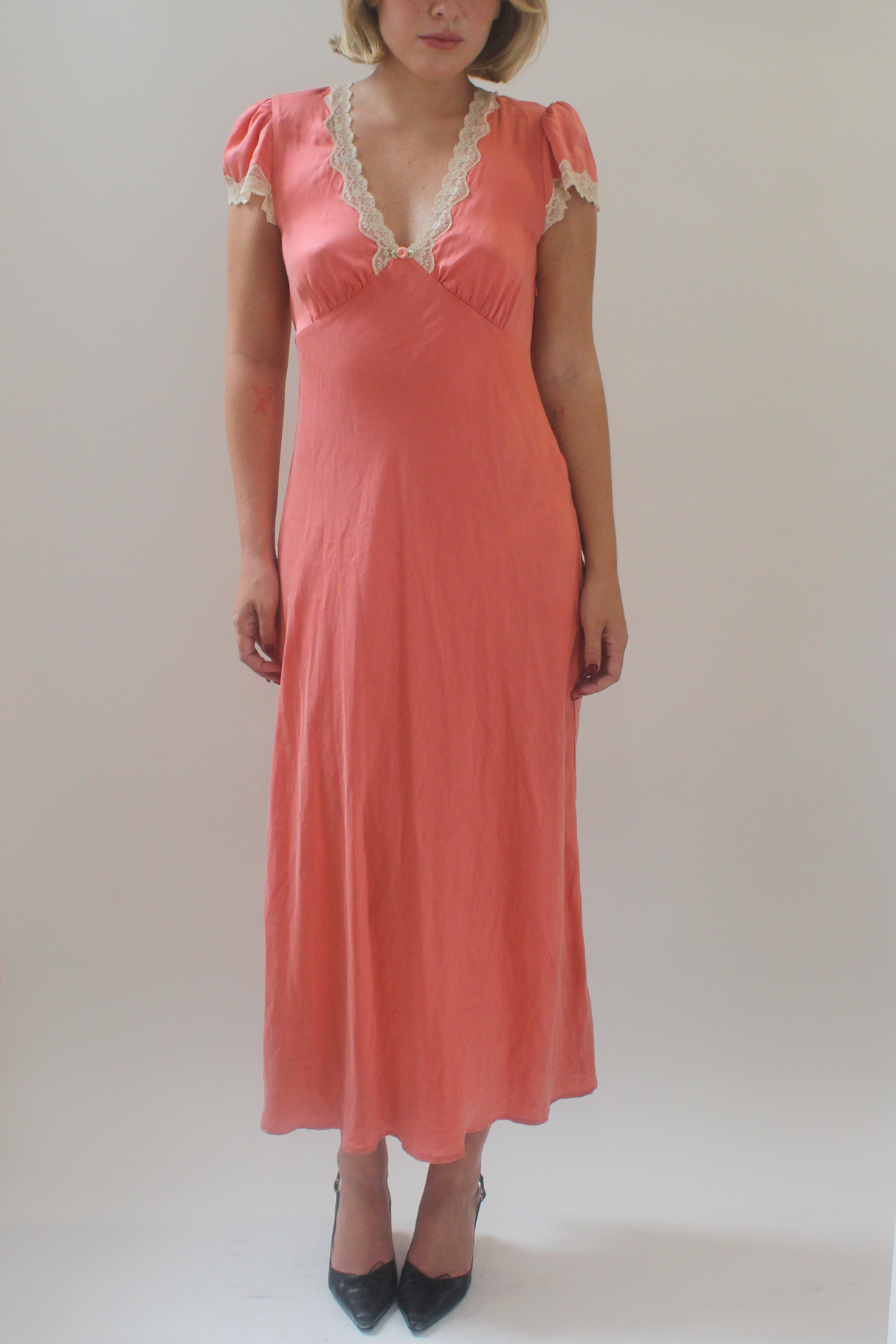 Pink silk lace maxi dress