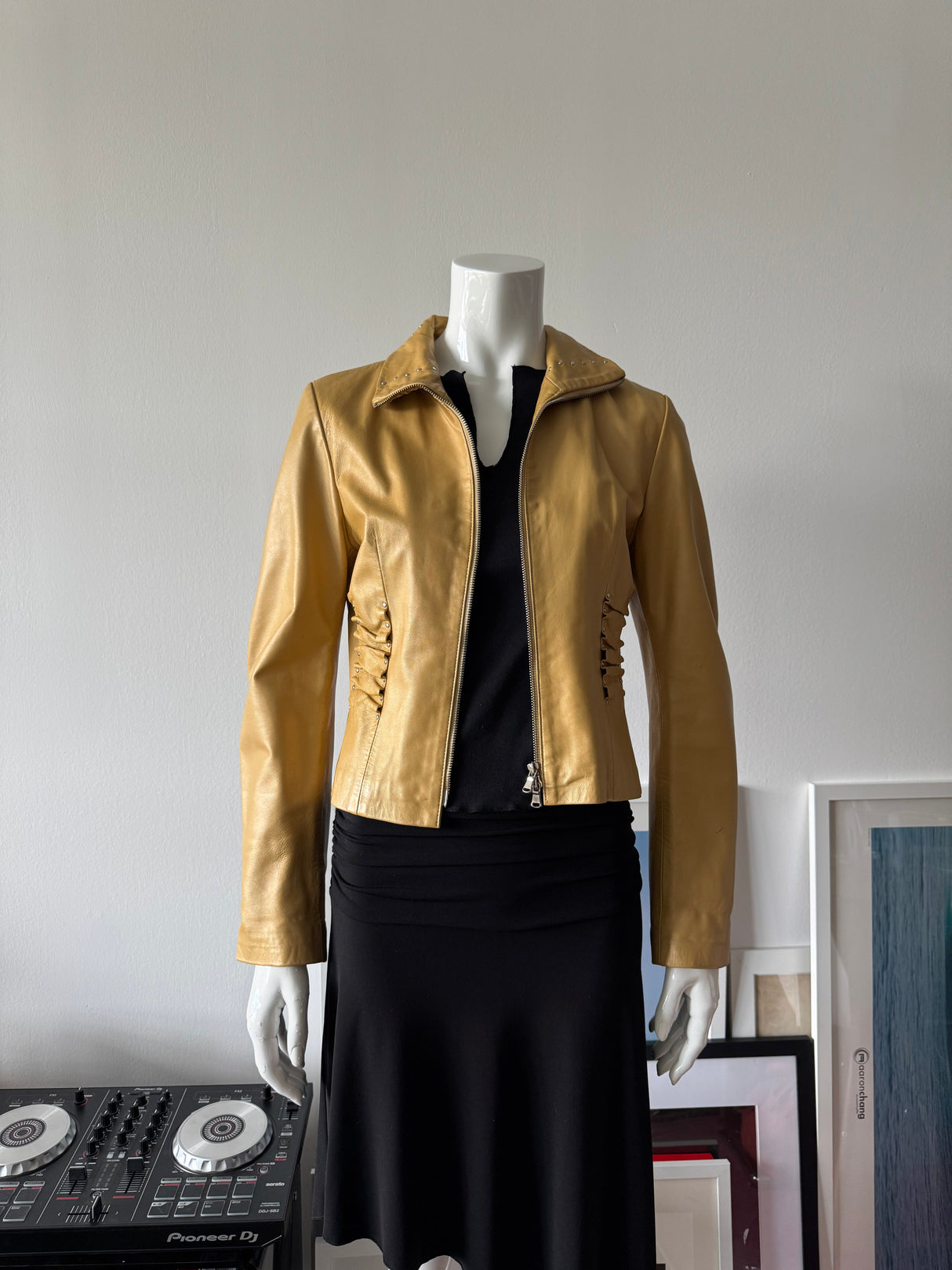 BEBE Gold Cropped Leather Jacket