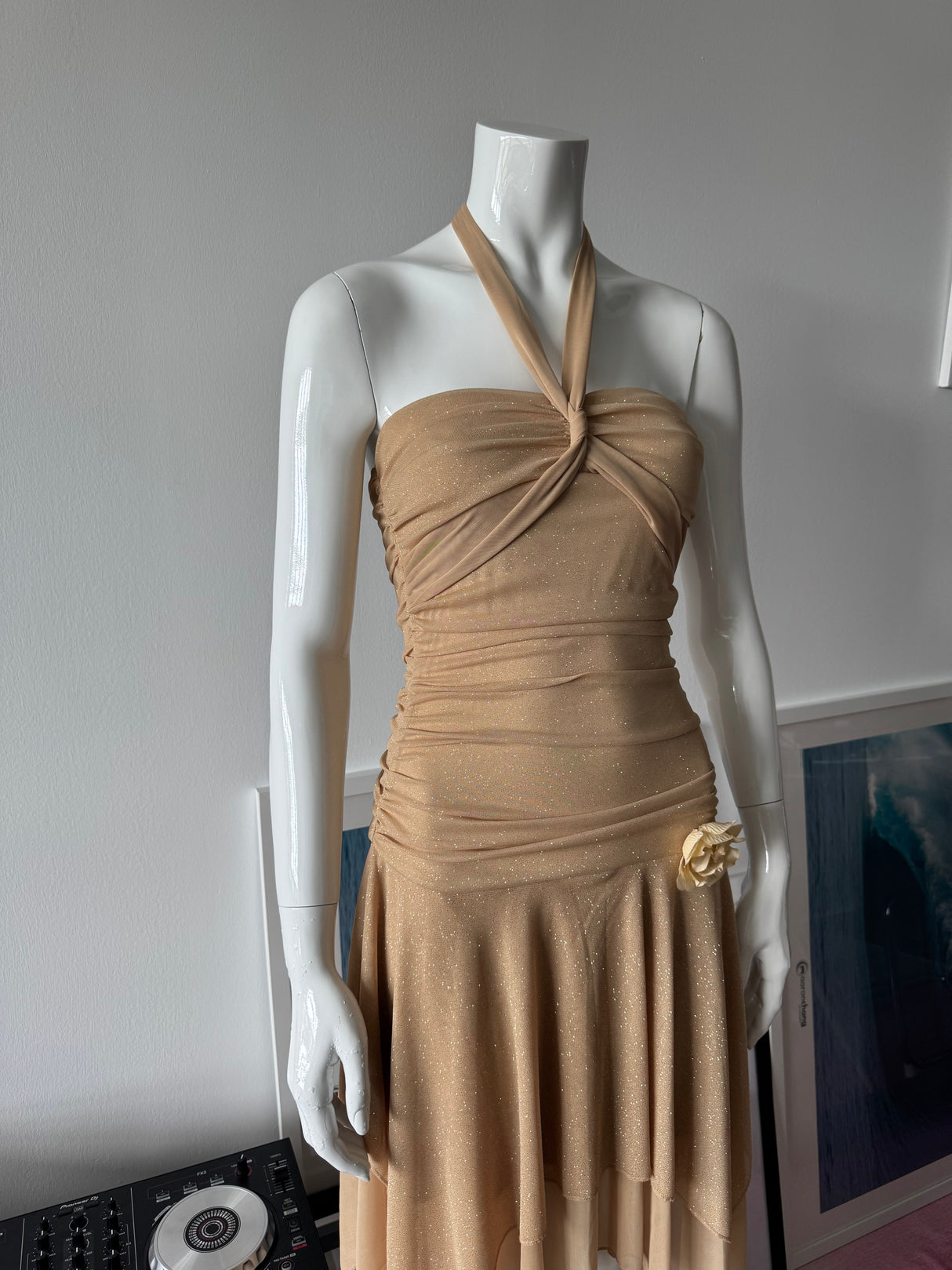 RUBY ROX Gold Glitter Fairy Halter Mini Dress