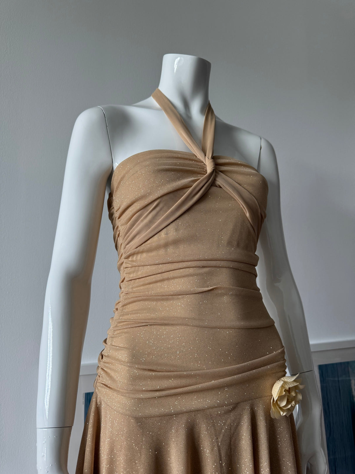 RUBY ROX Gold Glitter Fairy Halter Mini Dress
