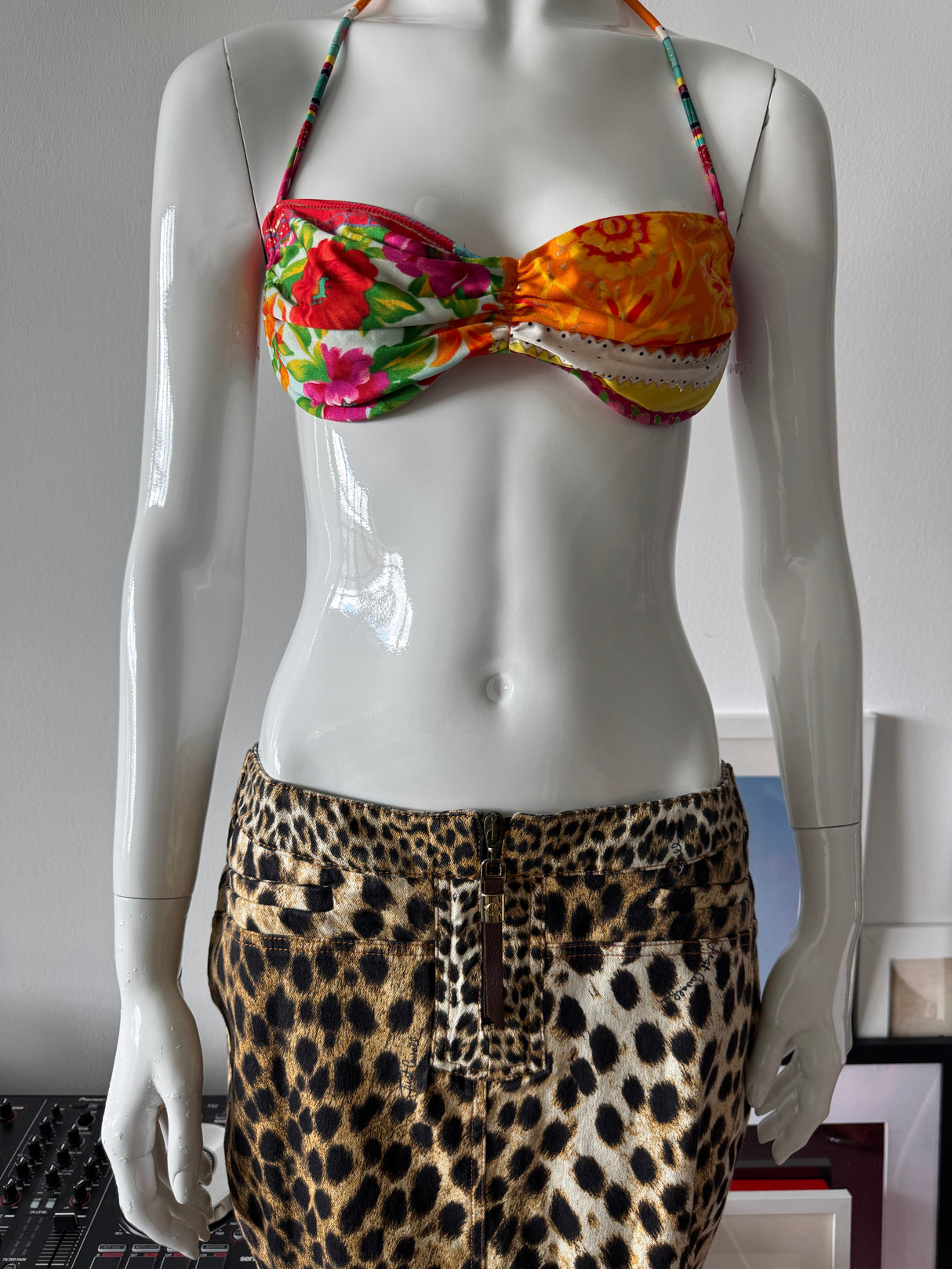 JUST CAVALLI Denim Leopard Print Midi Skirt