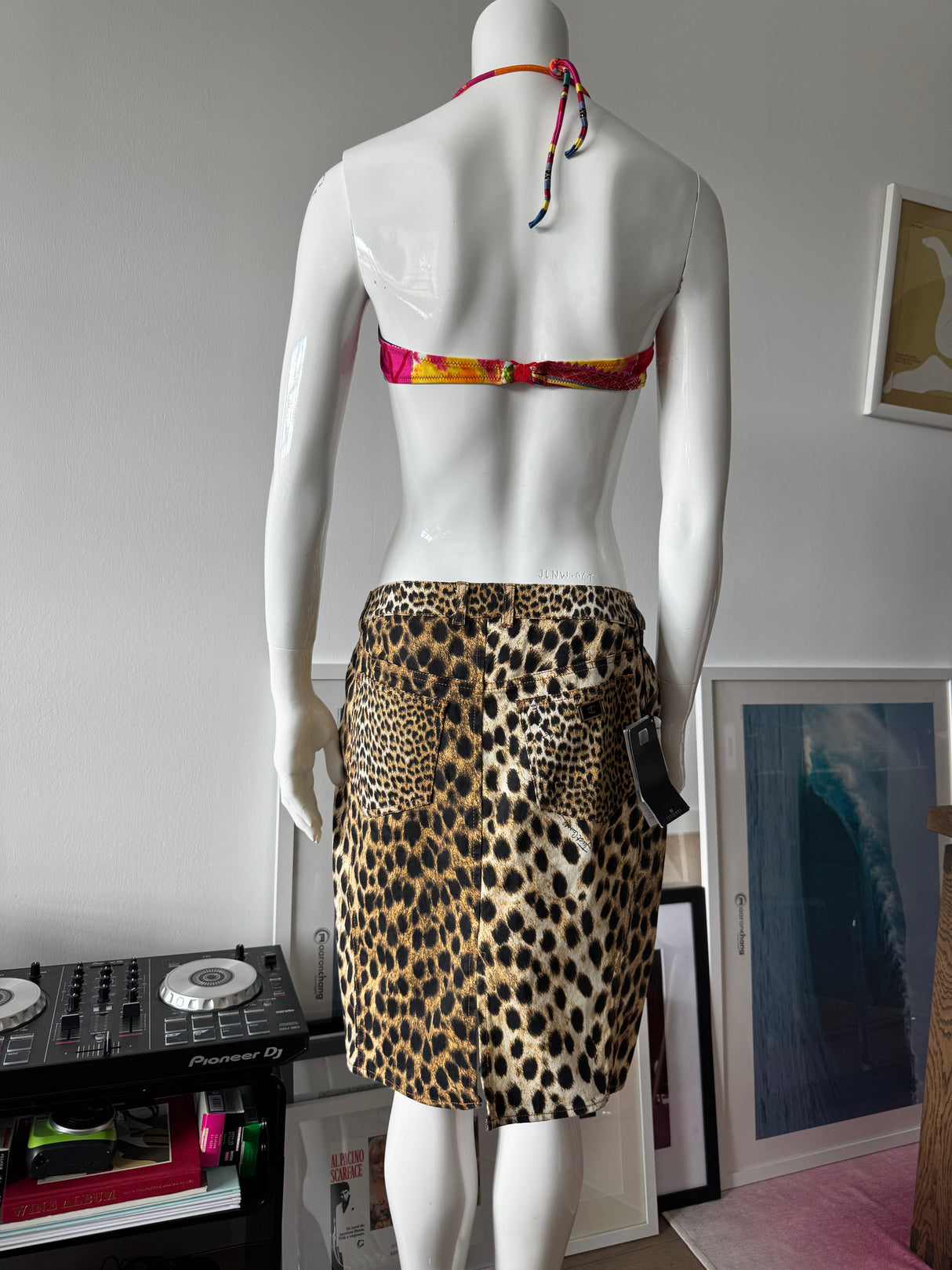JUST CAVALLI Denim Leopard Print Midi Skirt