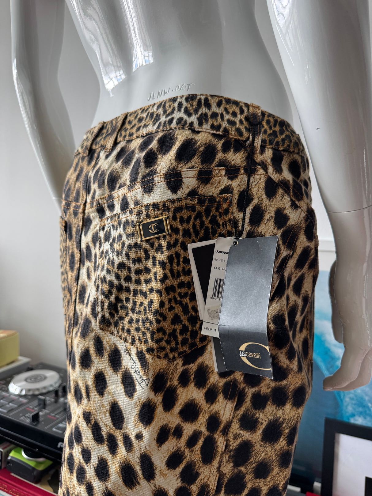 JUST CAVALLI Denim Leopard Print Midi Skirt